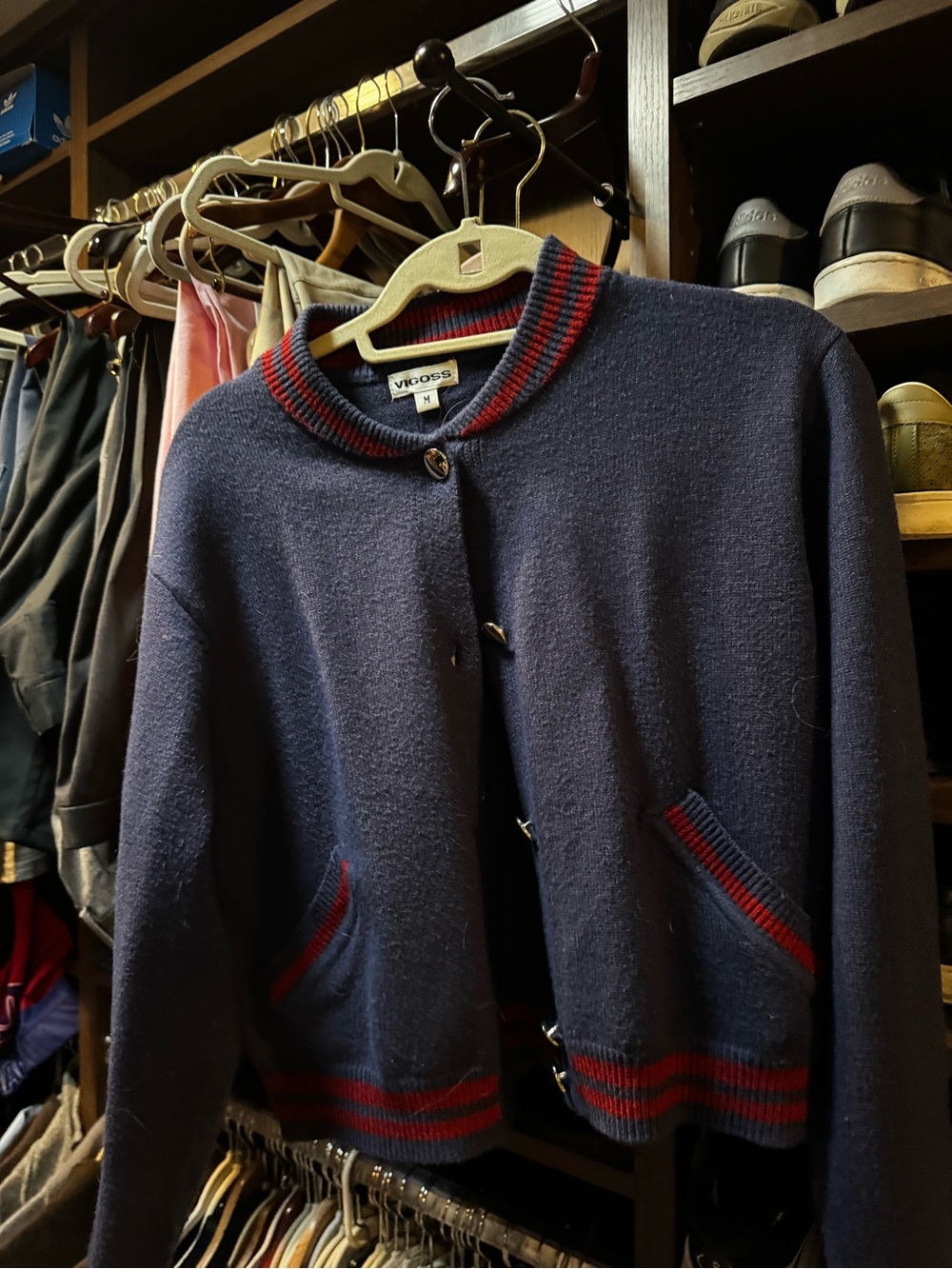 Navy Wool Blend Sweater with Red Trim - Women’s size M Bloomingdales